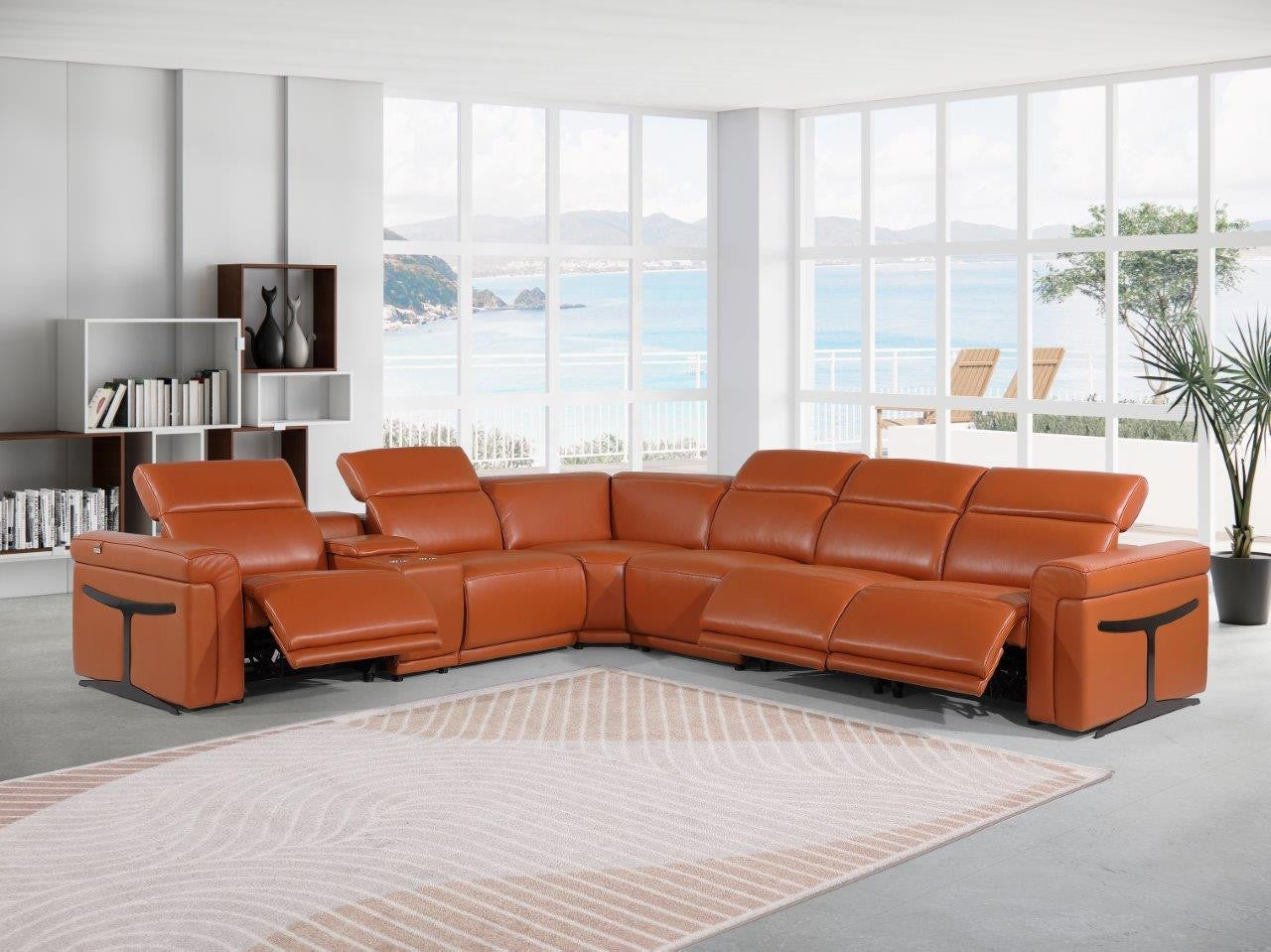 Camel Italian Leather Modular L Shaped Seven Piece Corner Sectional With Console