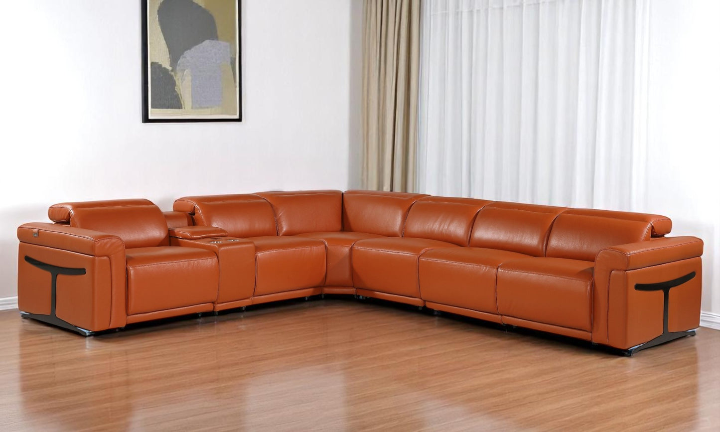 Camel Italian Leather Modular L Shaped Seven Piece Corner Sectional With Console
