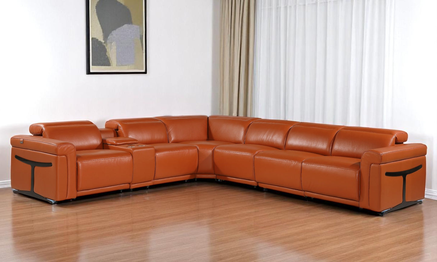 Camel Italian Leather Modular L Shaped Seven Piece Corner Sectional With Console