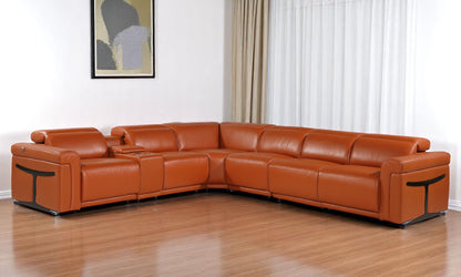 Camel Italian Leather Modular L Shaped Seven Piece Corner Sectional With Console