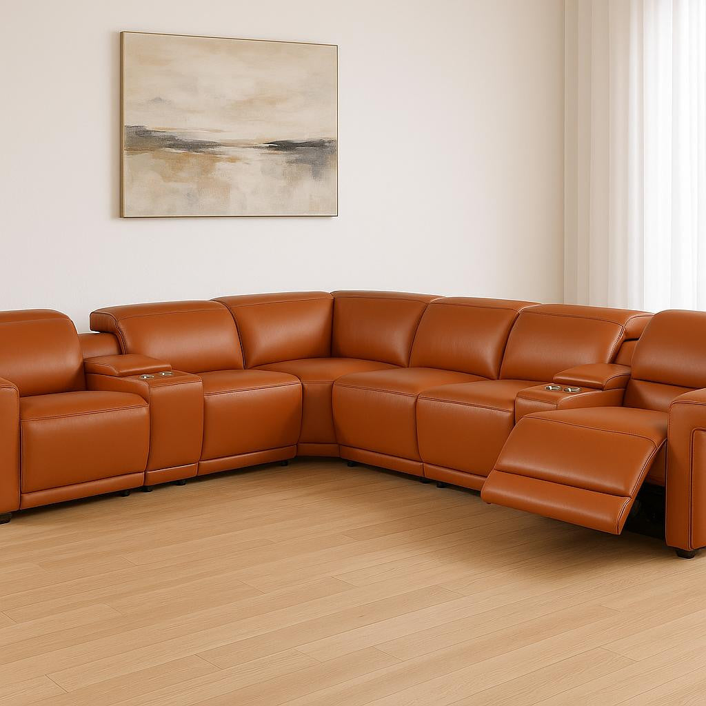Camel Italian Leather Modular L Shaped Eight Piece Corner Sectional With Console
