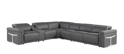 Gray Italian Leather Modular L Shaped Seven Piece Corner Sectional With Console