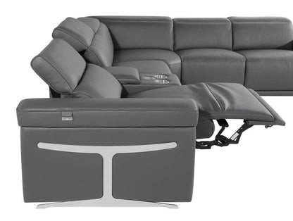 Gray Italian Leather Modular L Shaped Seven Piece Corner Sectional With Console