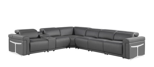 Gray Italian Leather Modular L Shaped Seven Piece Corner Sectional With Console