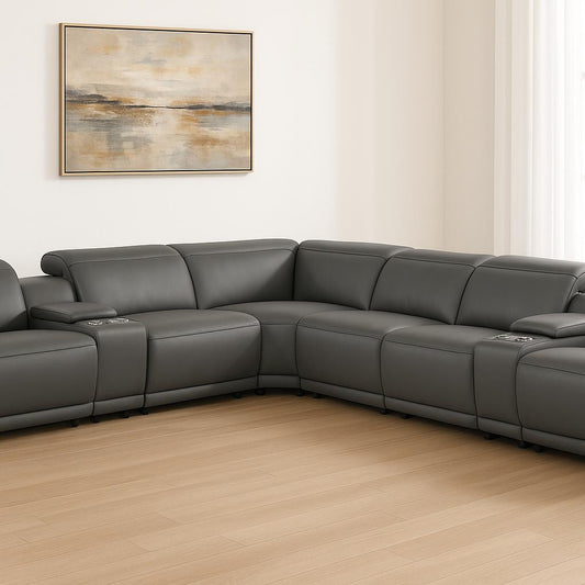 Gray Italian Leather Modular L Shaped Eight Piece Corner Sectional With Console
