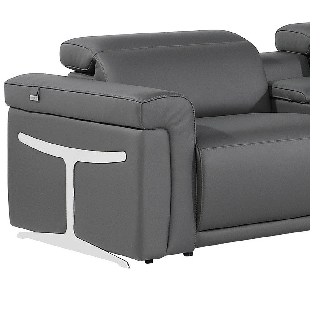 Gray Italian Leather Modular L Shaped Eight Piece Corner Sectional With Console