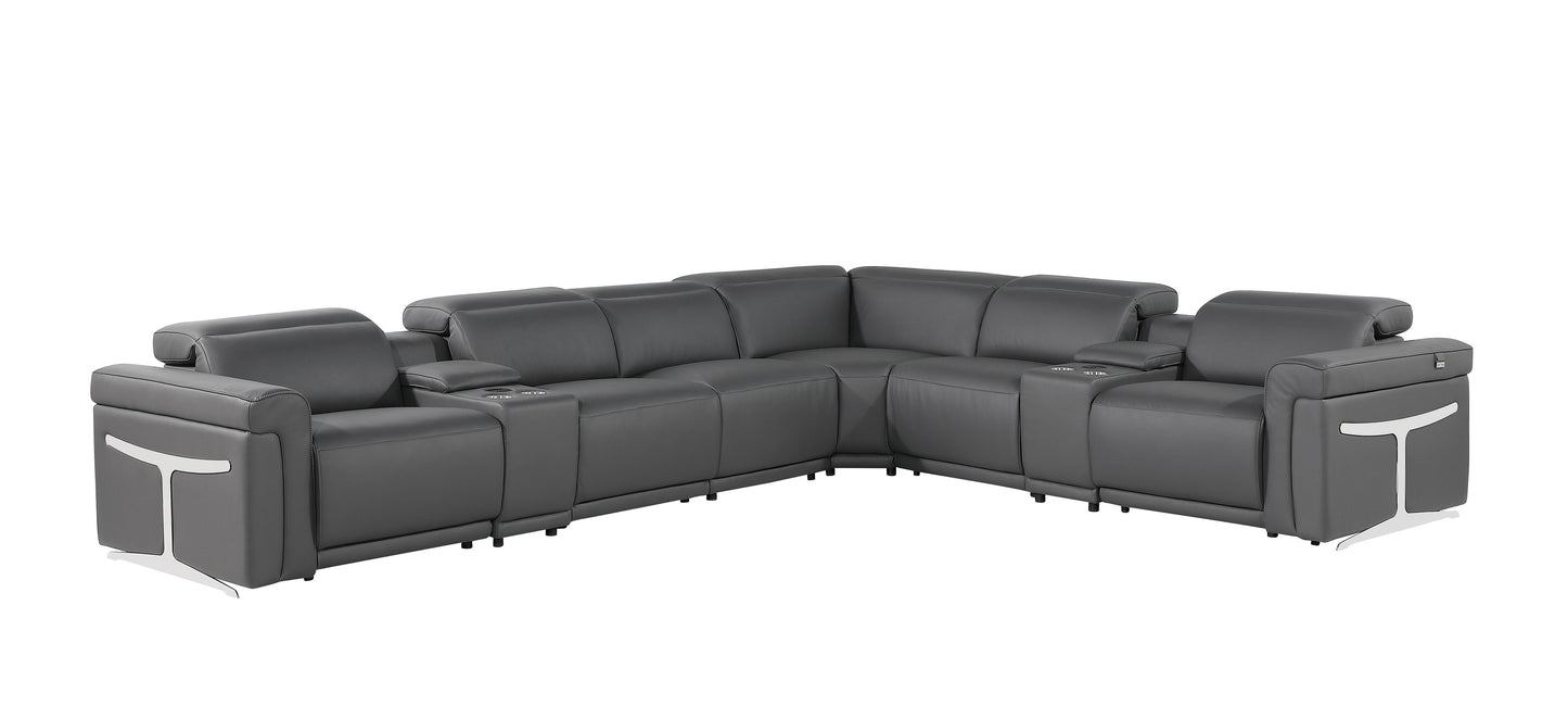 Gray Italian Leather Modular L Shaped Eight Piece Corner Sectional With Console