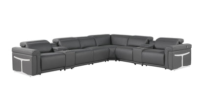 Gray Italian Leather Modular L Shaped Eight Piece Corner Sectional With Console