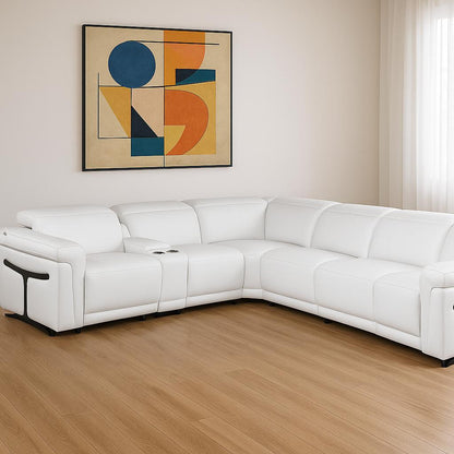 White Italian Leather Modular L Shaped Seven Piece Corner Sectional With Console