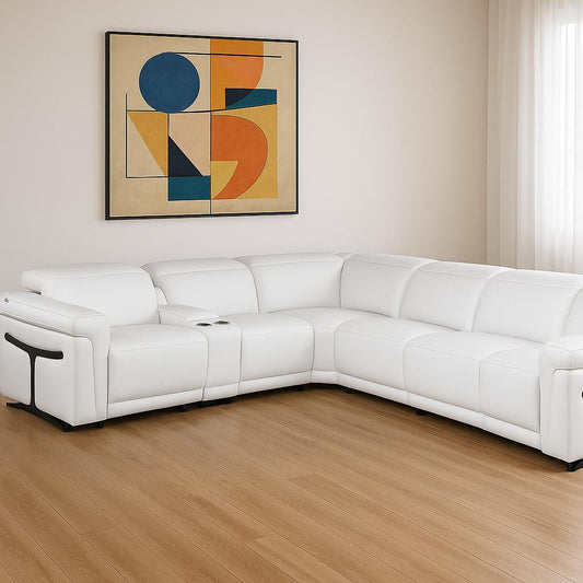 White Italian Leather Modular L Shaped Seven Piece Corner Sectional With Console