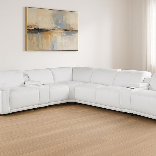 White Italian Leather Modular L Shaped Eight Piece Corner Sectional With Console