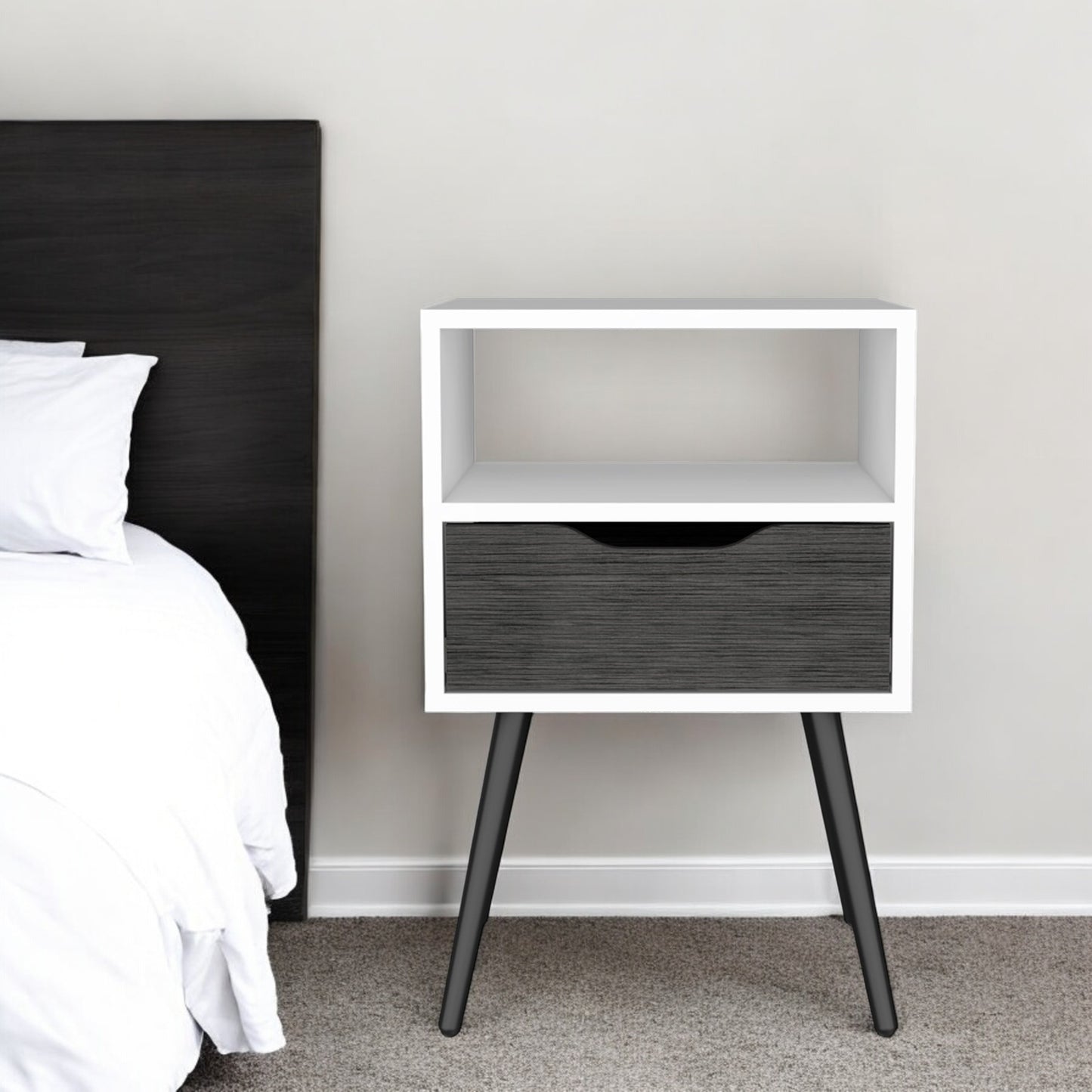 25" Gray And White Wood One Drawer Nightstand