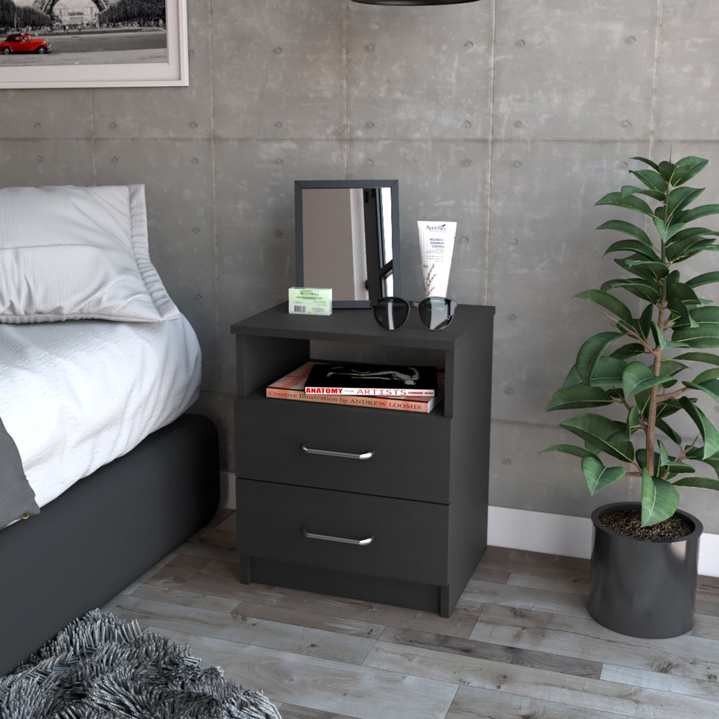 20" Black Wood Two Drawer Nightstand