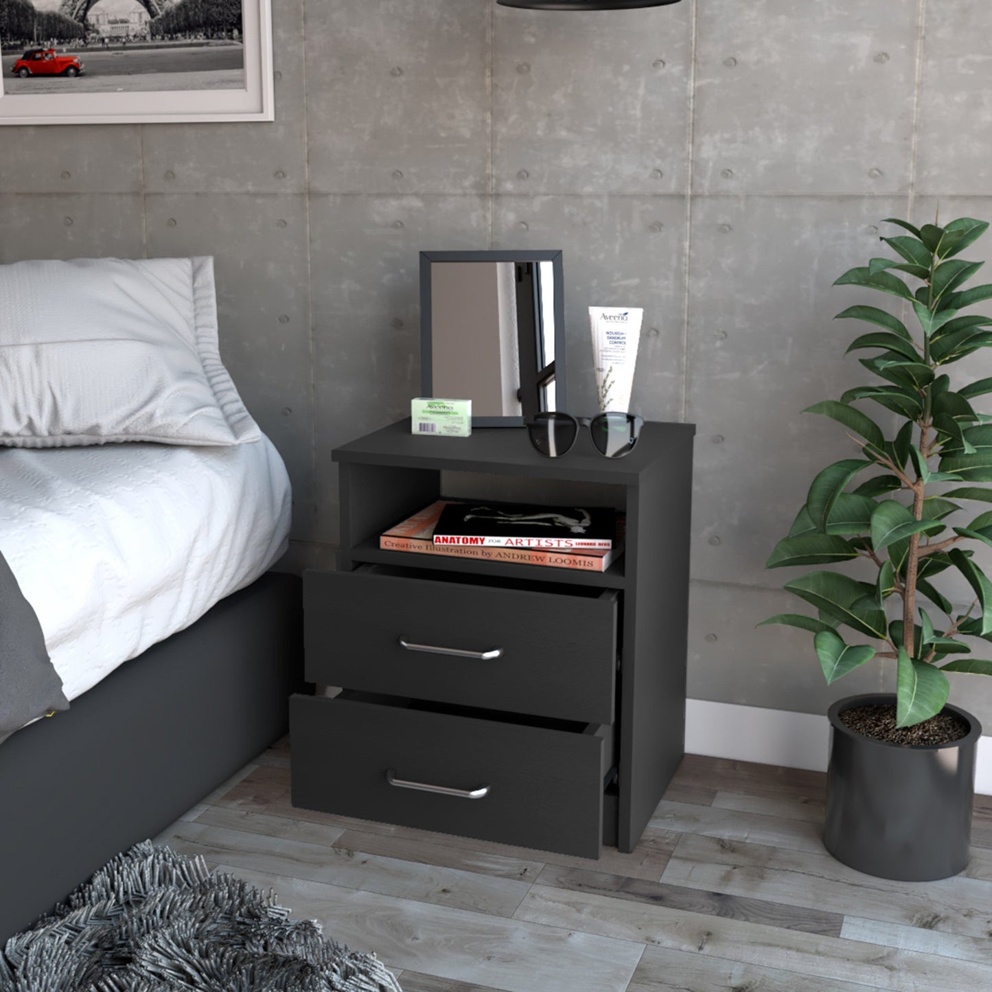 20" Black Wood Two Drawer Nightstand