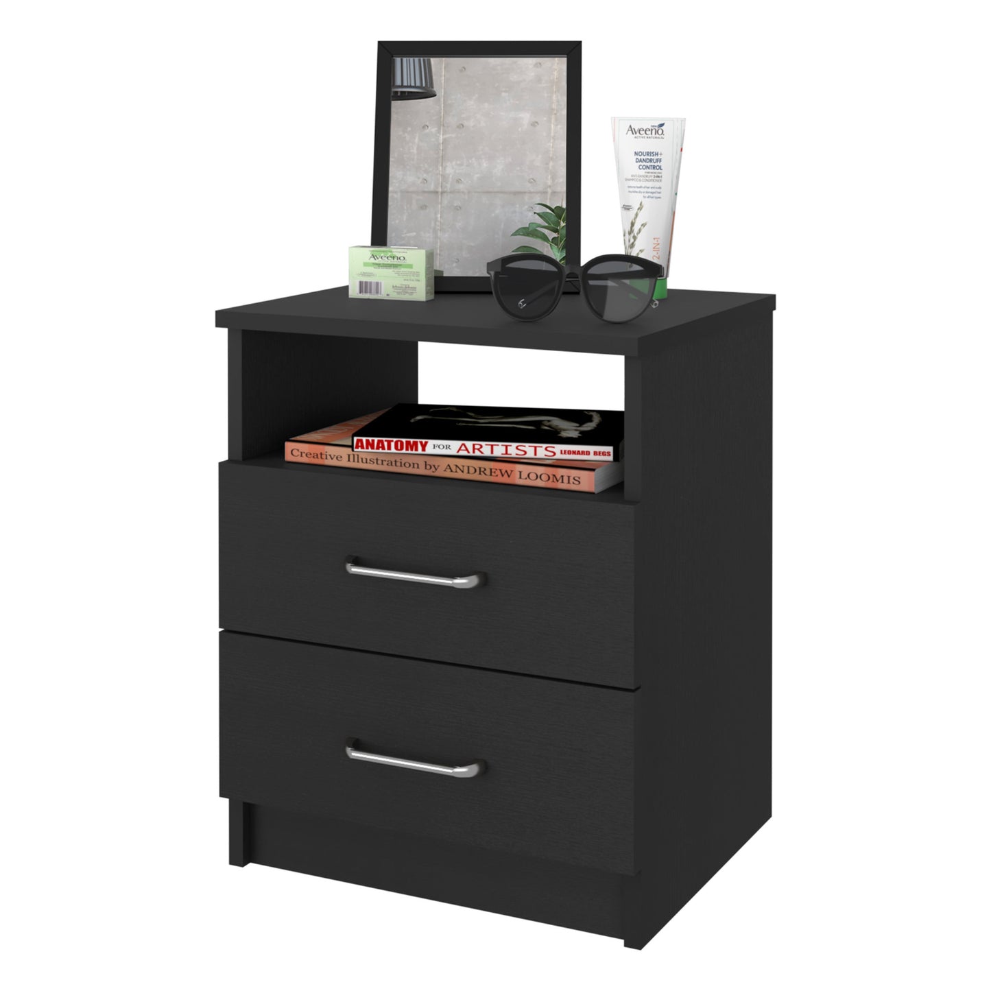 20" Black Wood Two Drawer Nightstand