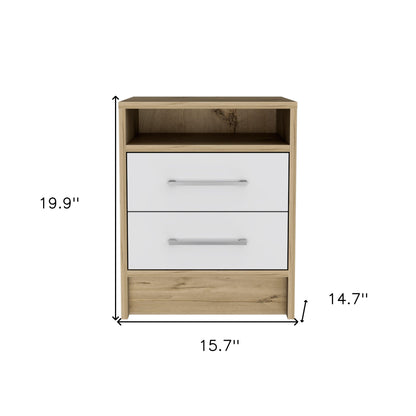 20" White And Natural Wood Two Drawer Nightstand
