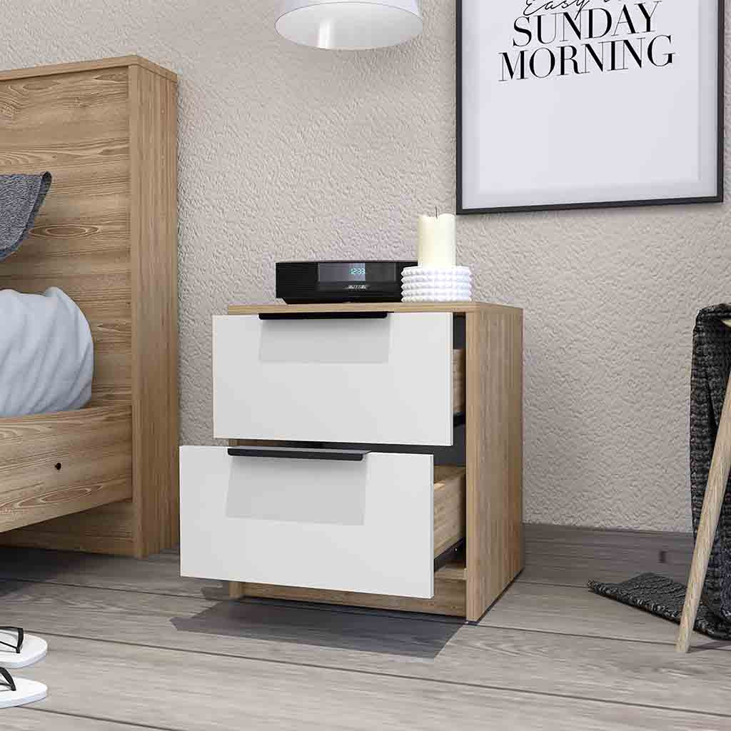 19" White And Natural Wood Two Drawer Nightstand