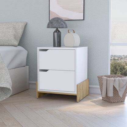20" White And Natural Wood Two Drawer Nightstand
