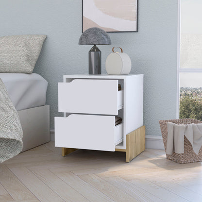 20" White And Natural Wood Two Drawer Nightstand