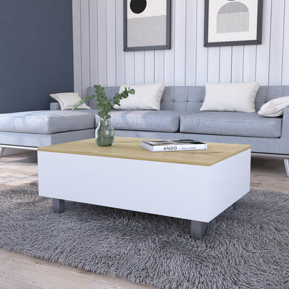 32" White And Oak Brown Wood and Metal Lift Top Coffee Table