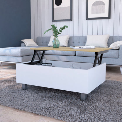 32" White And Oak Brown Wood and Metal Lift Top Coffee Table