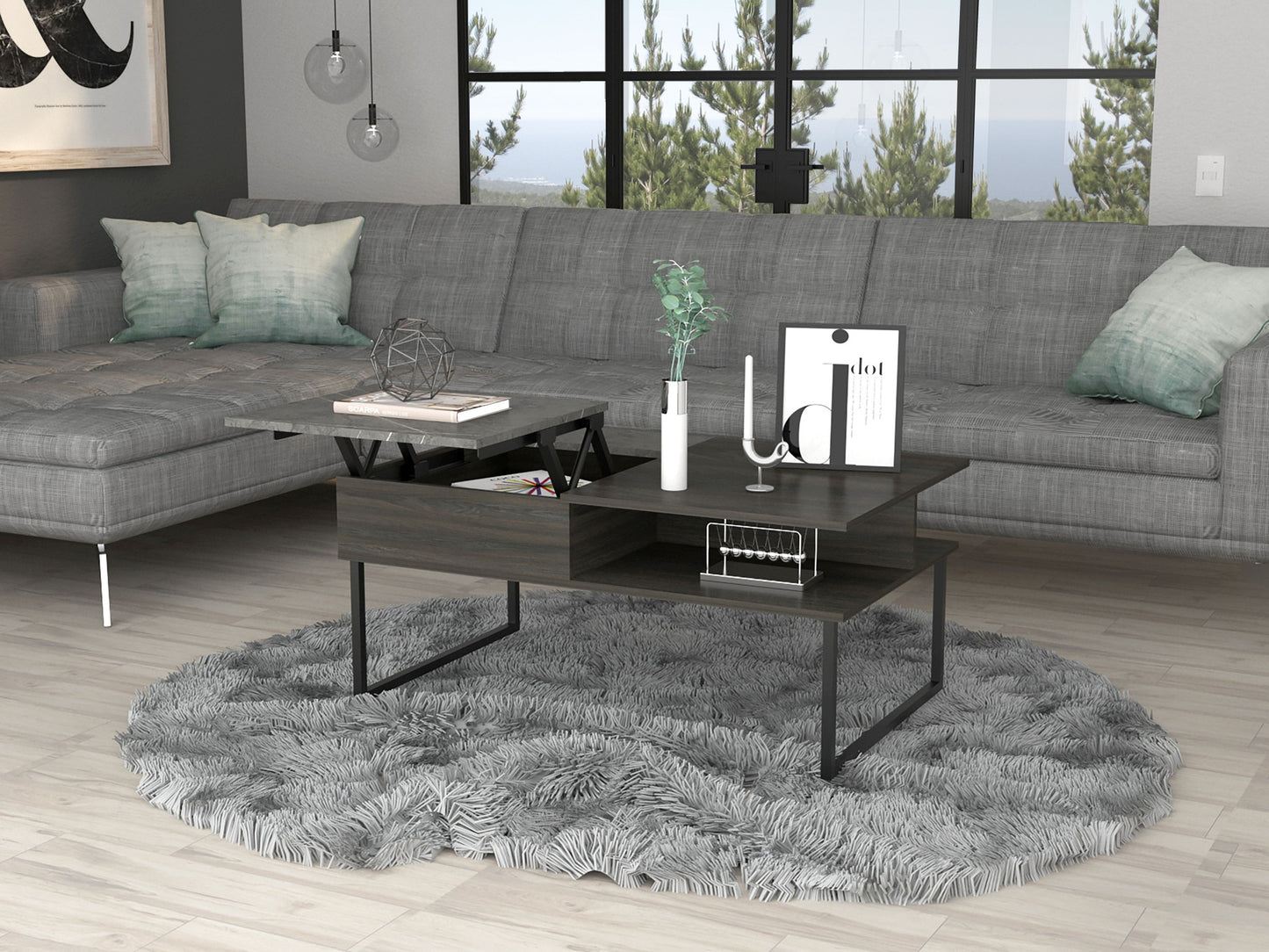 41" Espresso And Black Wood And Metal Lift Top Coffee Table With Shelf