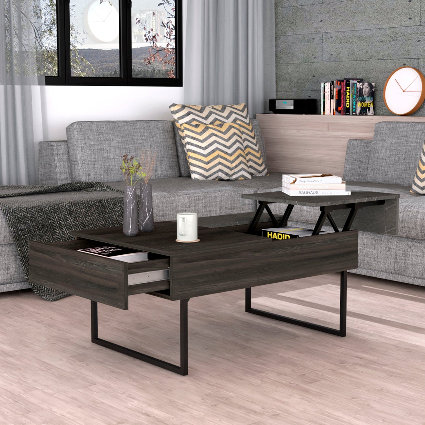 39" Espresso And Black Wood And Metal Lift Top Coffee Table With Drawer
