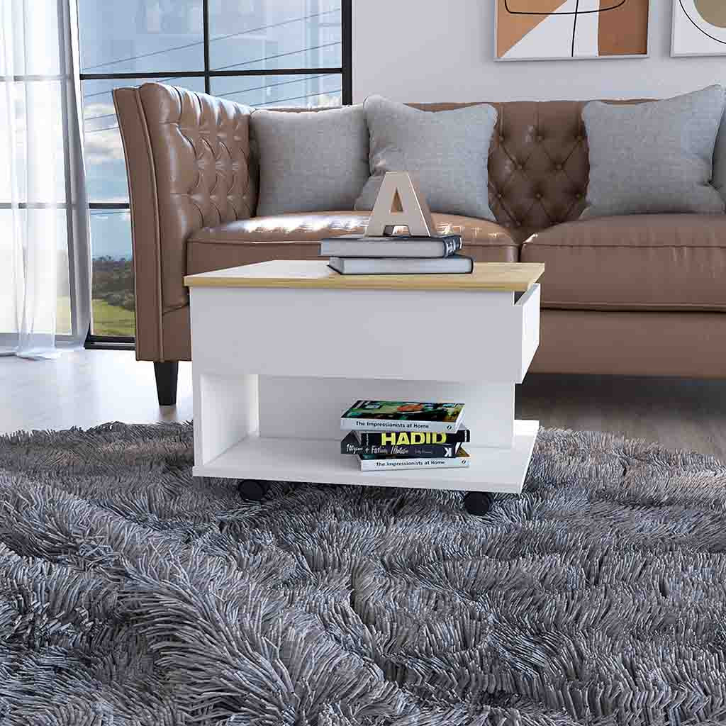 22" Natural And White Wood Lift Top Coffee Table With Two Shelves