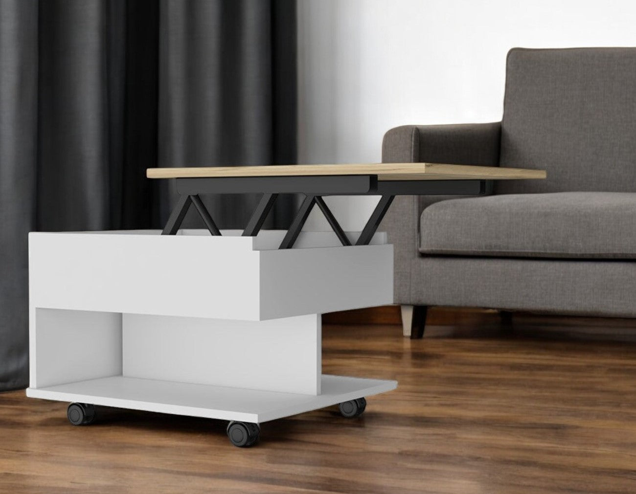 22" Natural And White Wood Lift Top Coffee Table With Two Shelves