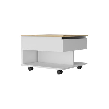 22" Natural And White Wood Lift Top Coffee Table With Two Shelves