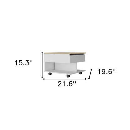 22" Natural And White Wood Lift Top Coffee Table With Two Shelves