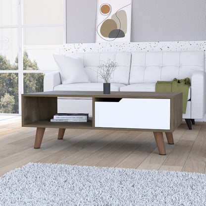 40" Brown And Brown and White Wood Coffee Table With Drawer And Shelf