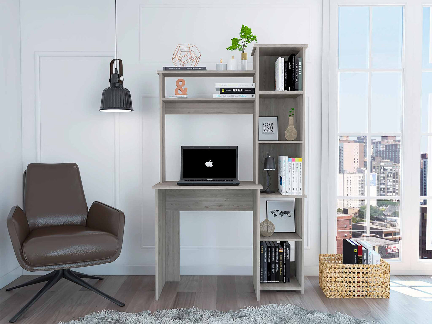 39" Light Gray Wood Writing Desk and Bookshelf Set