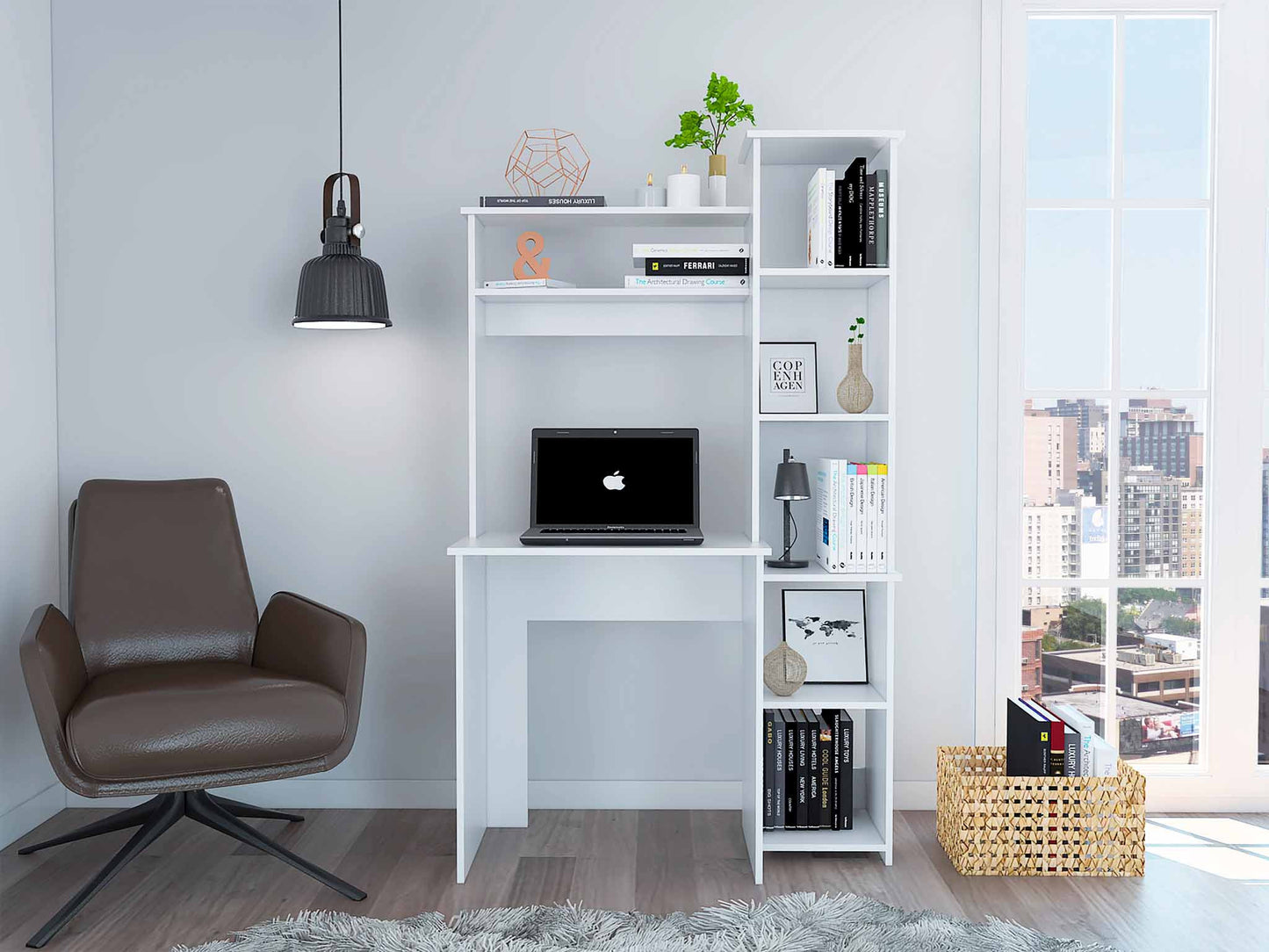 39" White Wood Writing Desk and Bookshelf Set