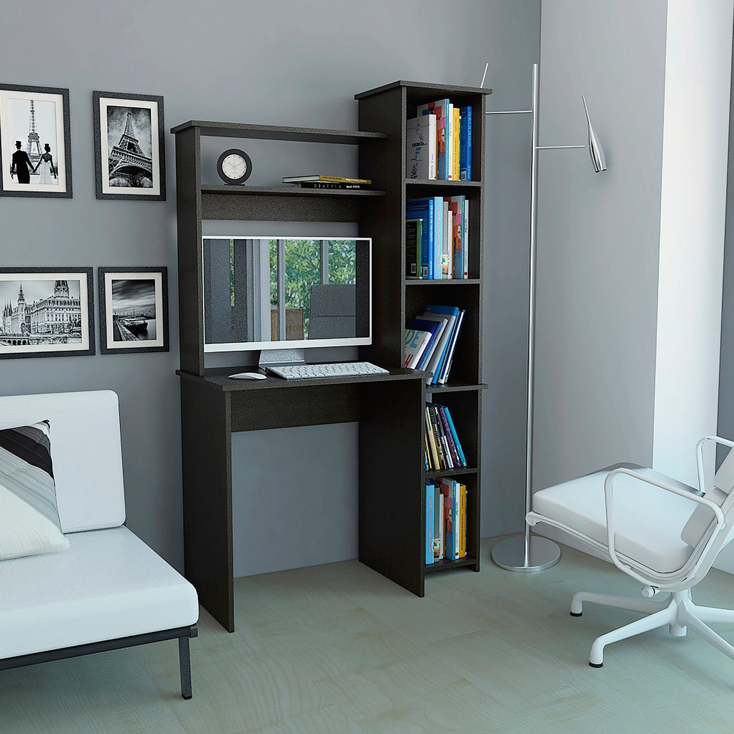40" Black Wood Writing Desk and Bookshelf Set
