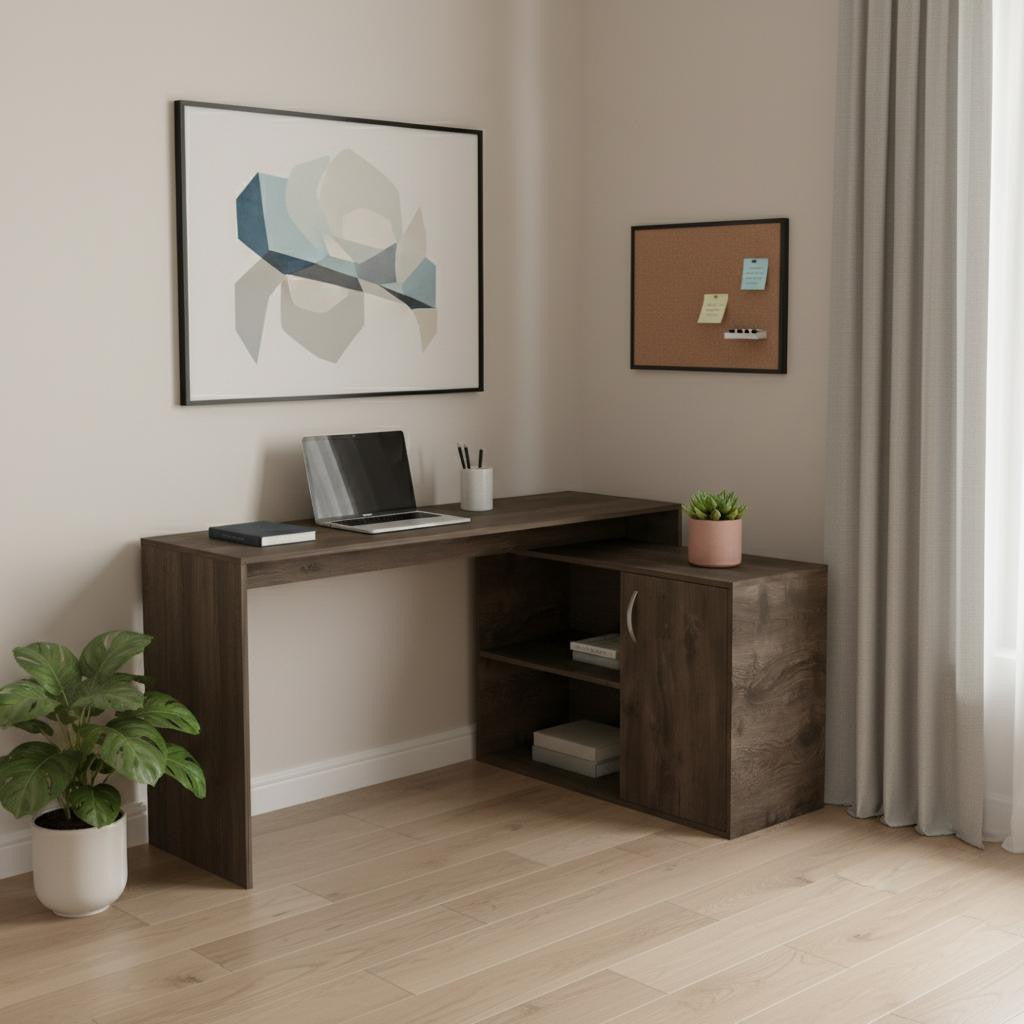 60" Dark Brown Wood L Shape Writing Desk