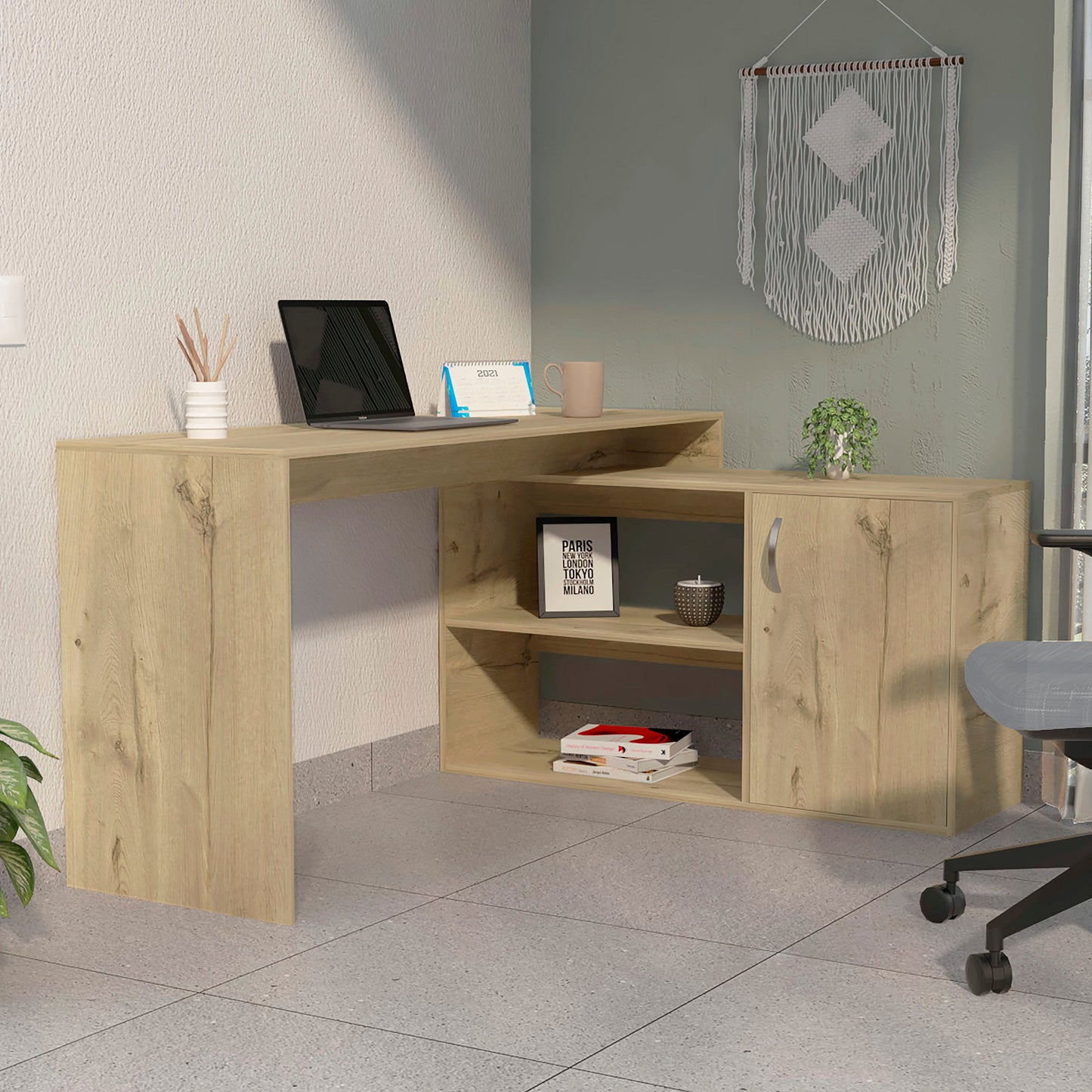 60" Oak Wood L Shape Writing Desk