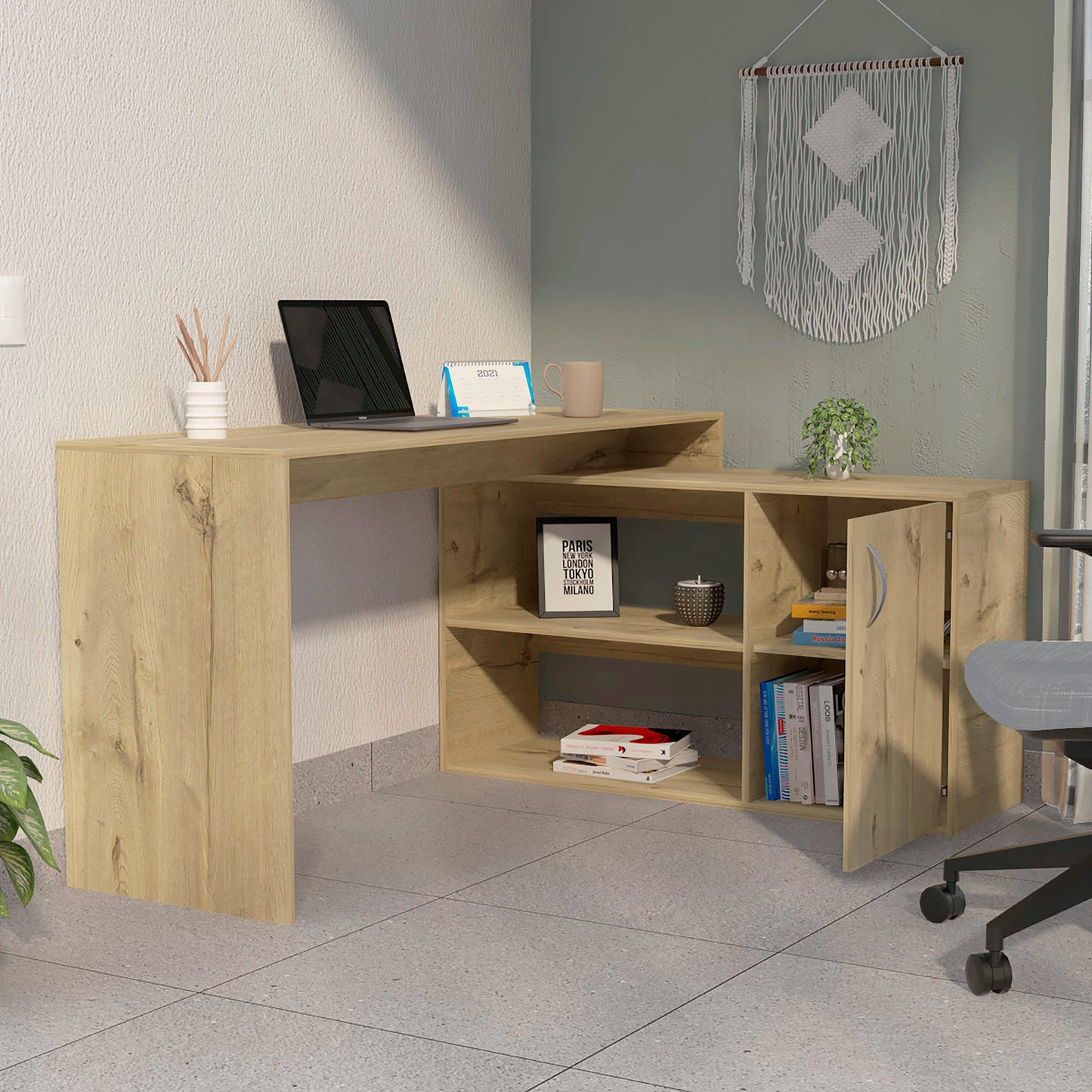 60" Oak Wood L Shape Writing Desk