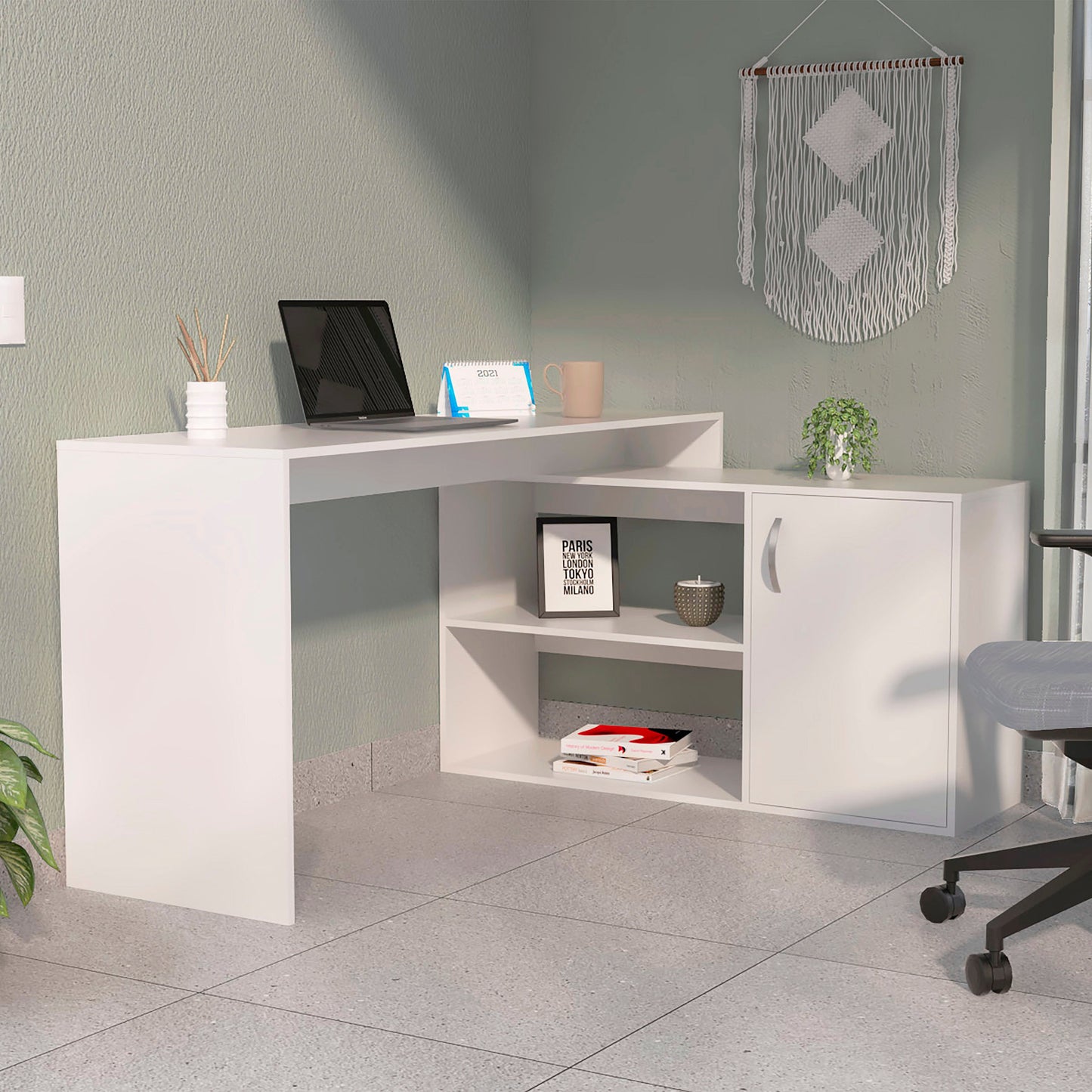 60" White Wood L Shape Writing Desk