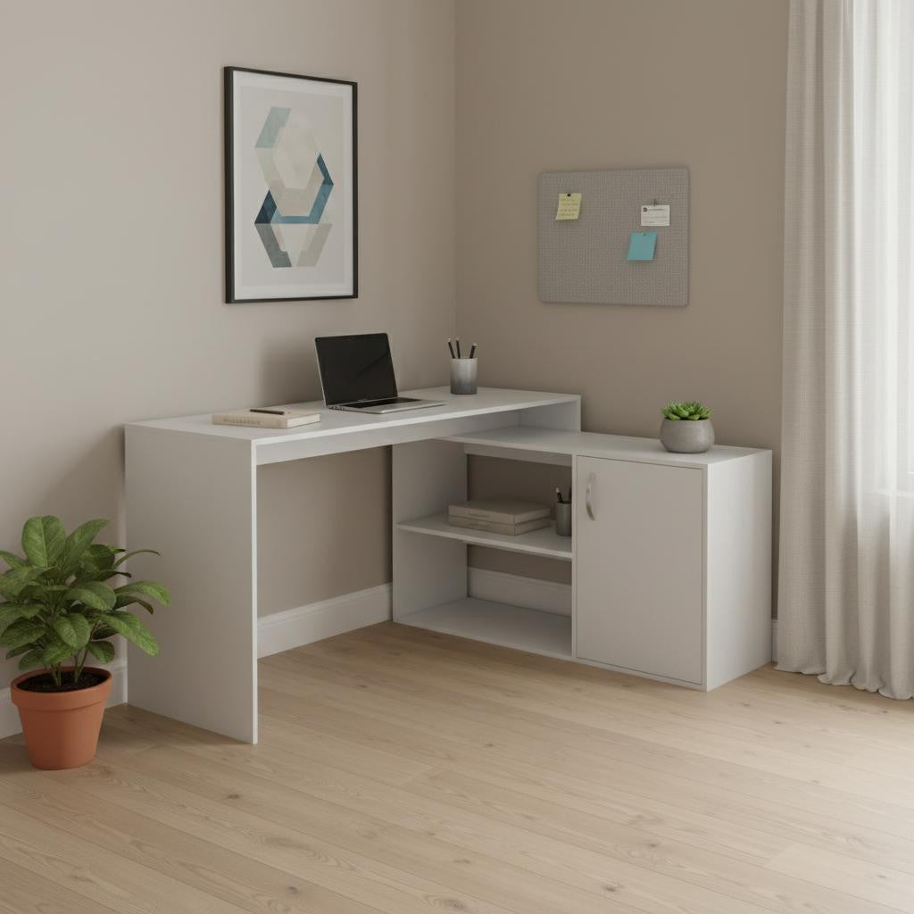 60" White Wood L Shape Writing Desk