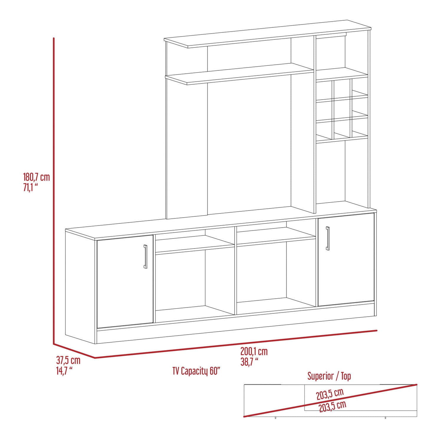78" Black Wood Enclosed and Open Storage Entertainment Center with Bookcase