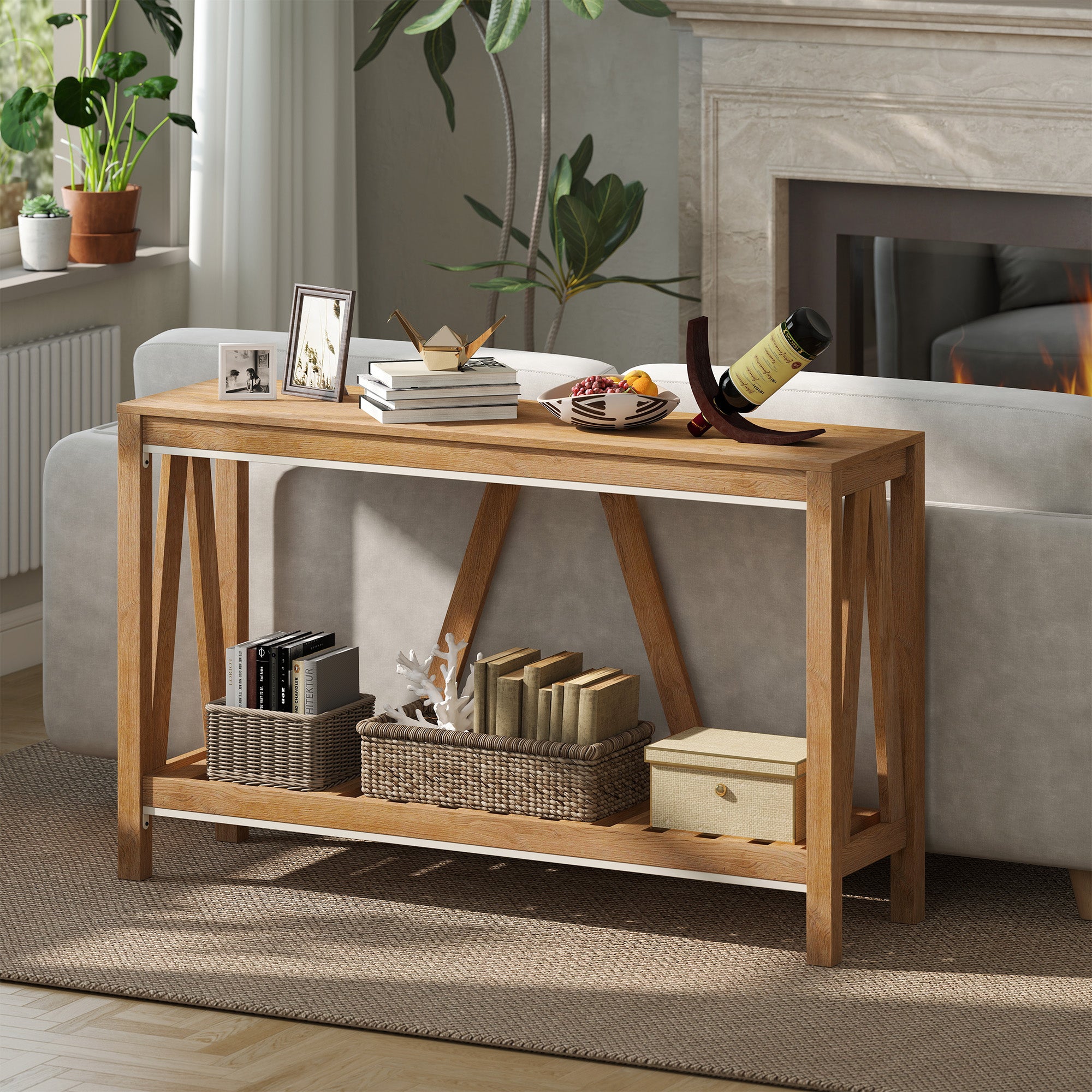 Console Table, Farmhouse Entryway Table with Storage Slatted Shelf, Rustic Sofa Table with Anti-Tipper for Living Room, Hallway, Brown