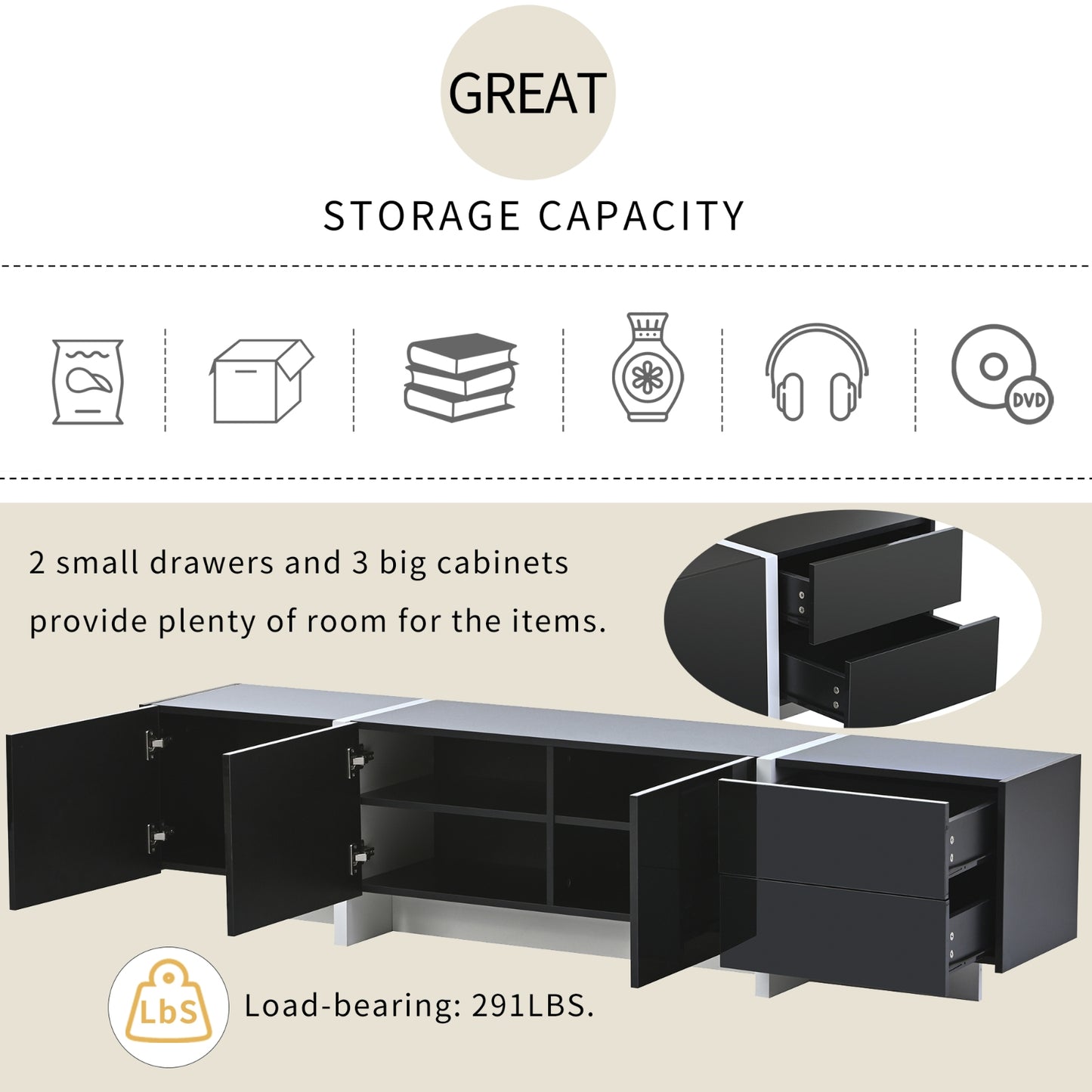 Contemporary White & Black TV Stand, Unique Style Console For TVs
