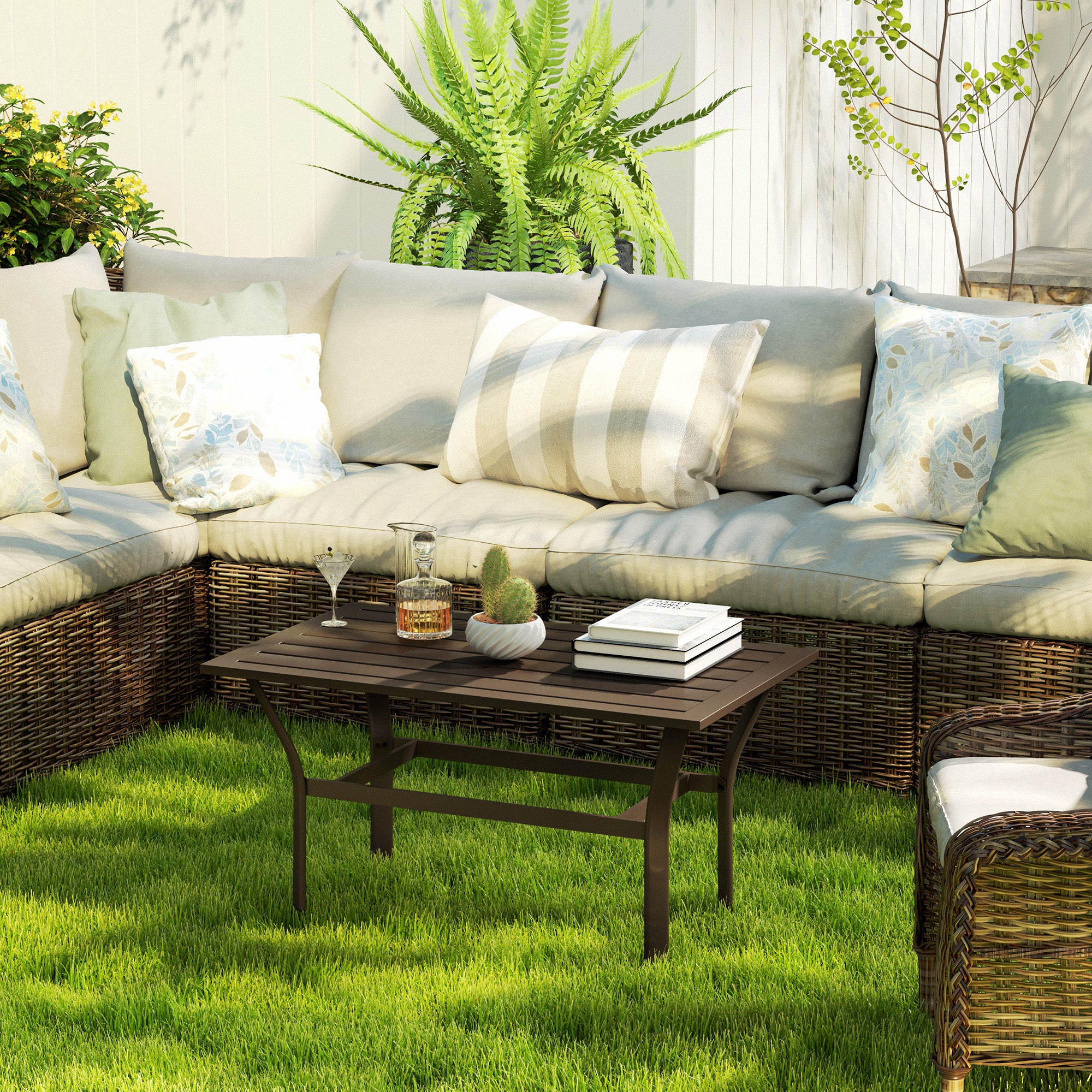 Outdoor Coffee Table with Slatted Tabletop, All-Weather Rectangle Metal Patio Coffee Table for Garden, Brown