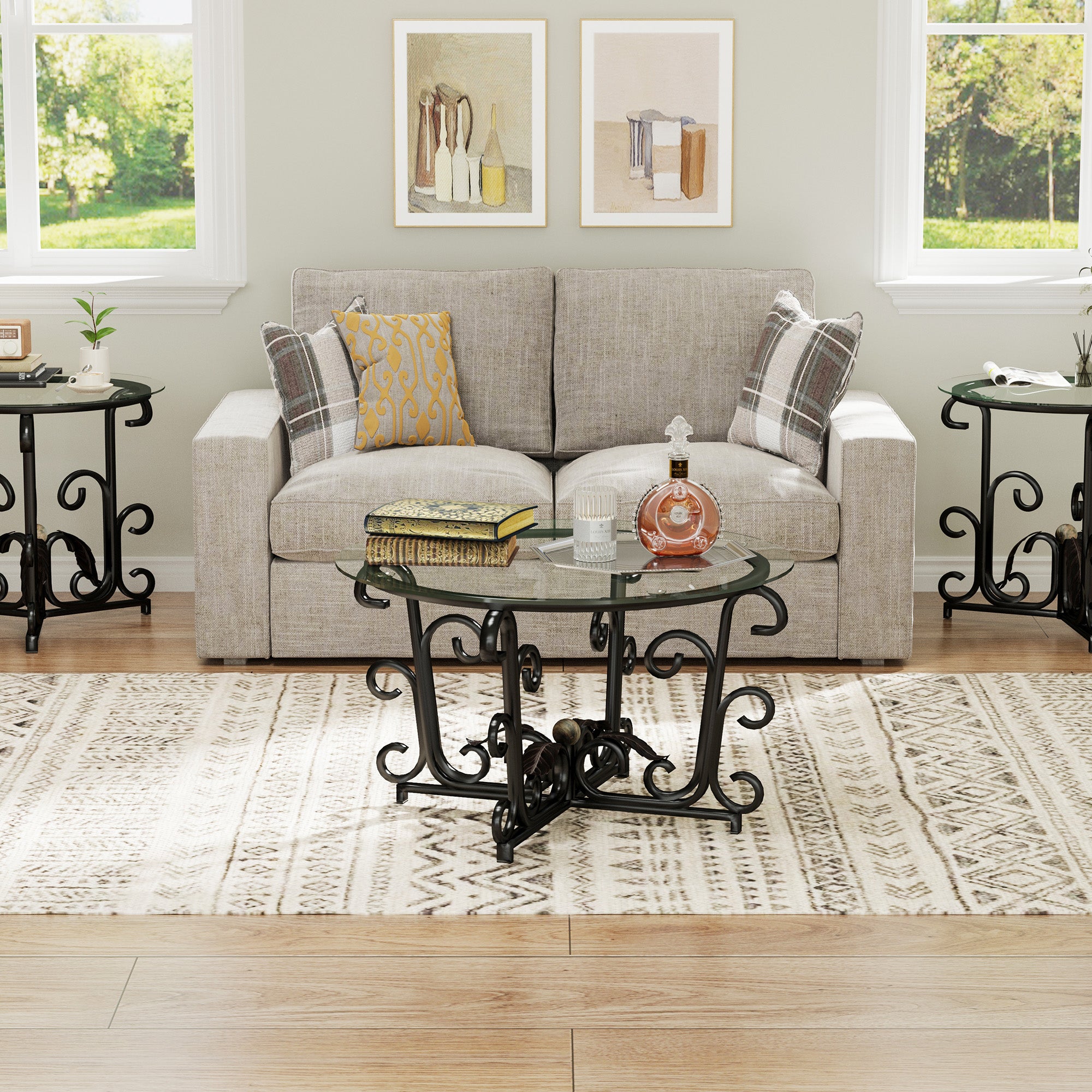 3-Piece Coffee Table Set, Tempered Glass Surface With Sturdy Metal Frame - Modern Living Room Sets 1 Coffee Table 2 End Tables, Scratch-Resistant & Easy To Clean For Small Spaces, Apartments