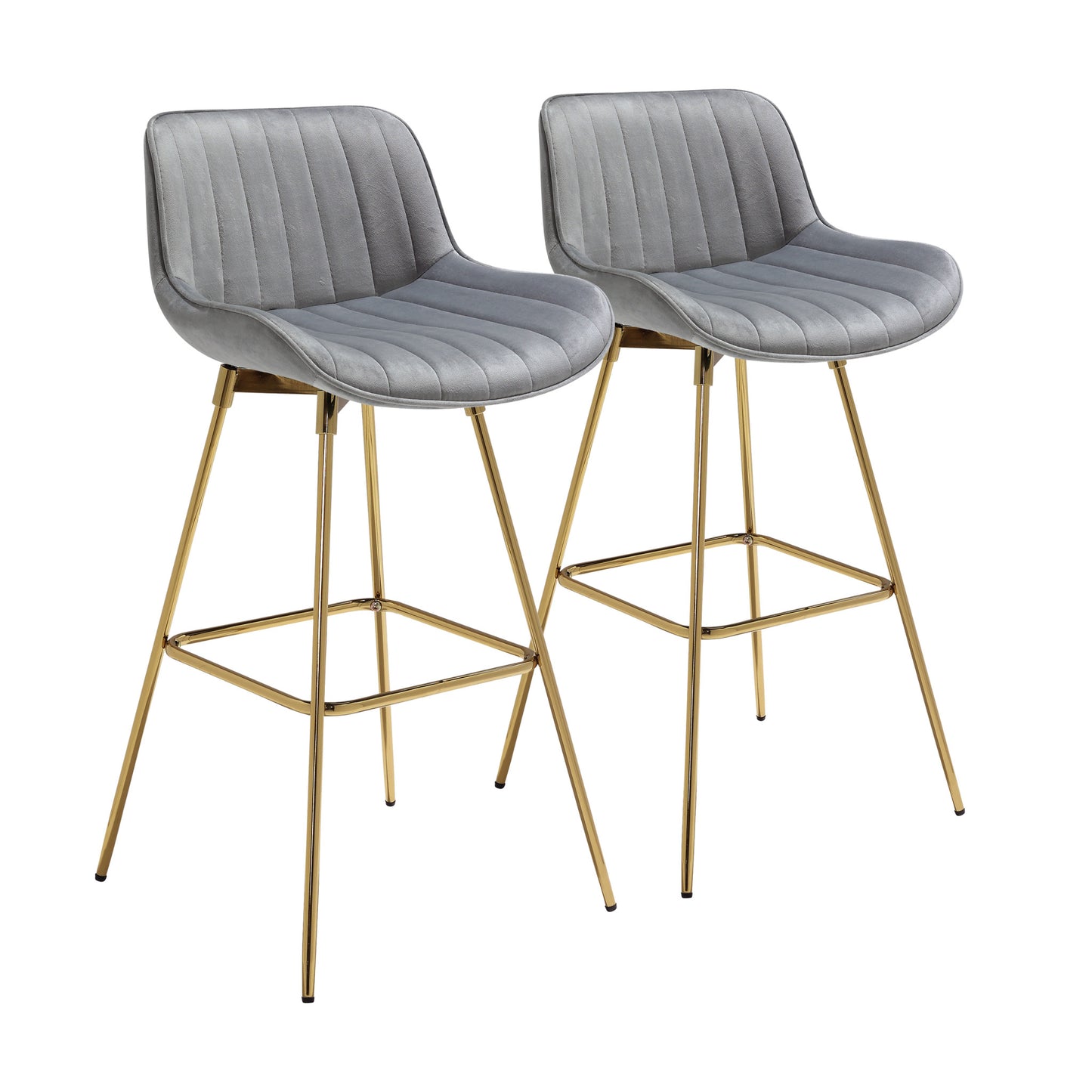 Set of Two 29" Gray and Gold Velvet and Metal Low Back Bar Height Swivel Bar Chairs