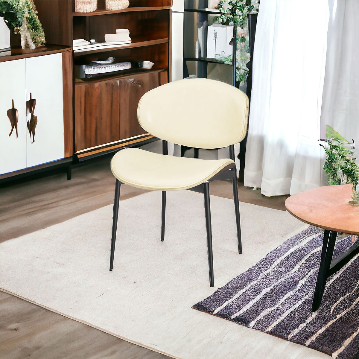 Set of Two Off White and Black Upholstered Faux Leather Curved Back Dining Side Chairs