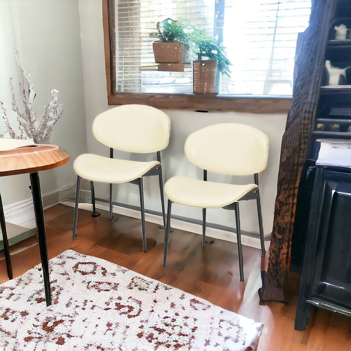 Set of Two Off White and Black Upholstered Faux Leather Curved Back Dining Side Chairs