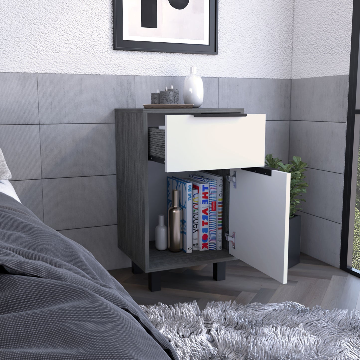 28" Gray Wood One Drawer Nightstand