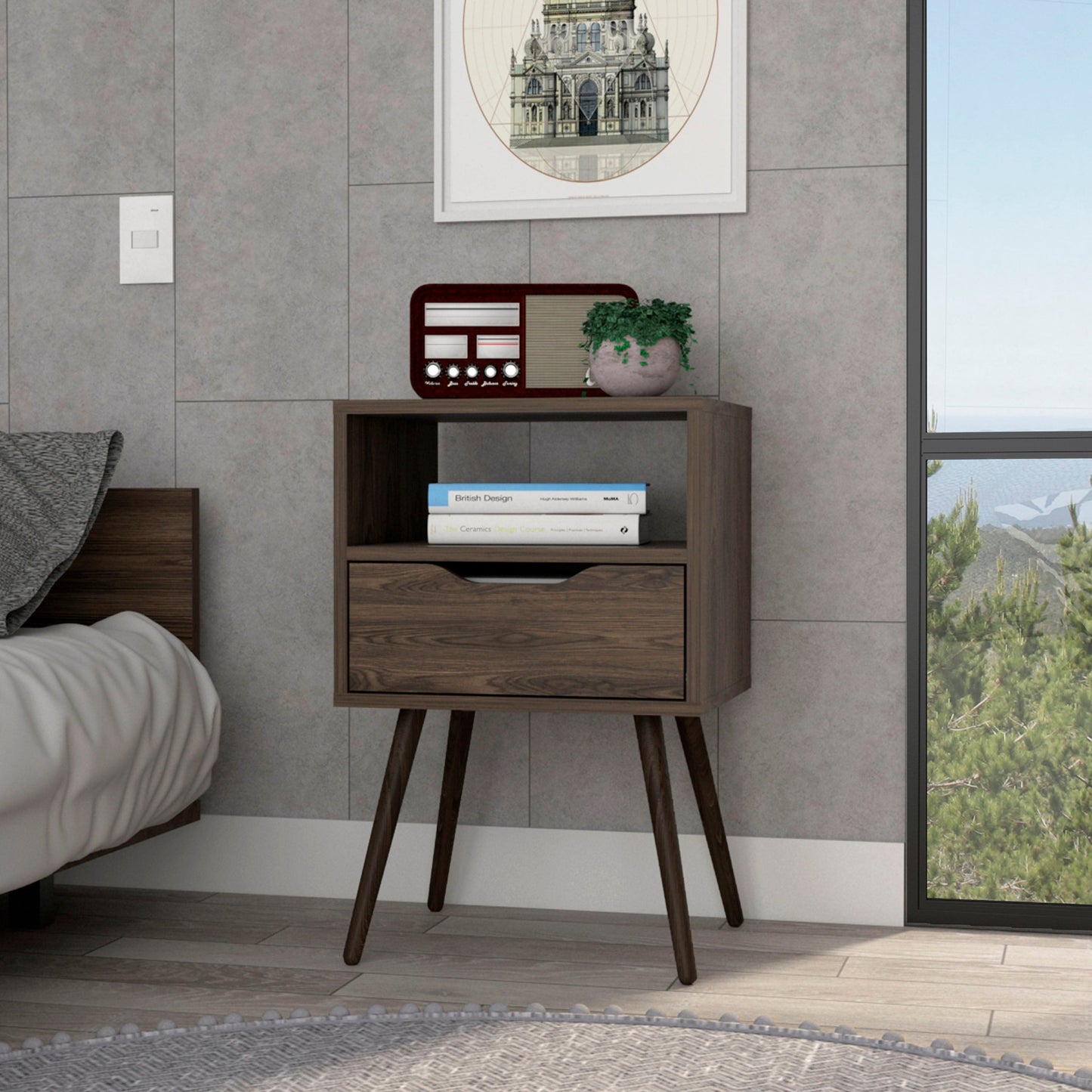 25" Brown Wood One Drawer Nightstand